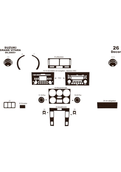 Suzuki Grand Vitara 4x4 Konsol-Torpido Kaplama 2005 26 Parça Koyu Meşe