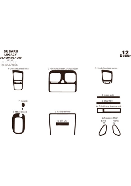 Subaru Legacy Konsol-Torpido Kaplama 1994-1999 12 Parça Koyu Meşe