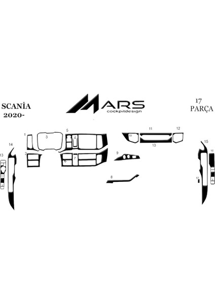 Scania R Konsol-Torpido Kaplama 2020- 17 Parça Piano Black