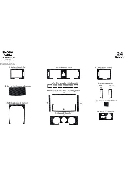 Skoda Fabia Alüminyum Kaplama 1999-2006 24 Parça Siyah Karbon