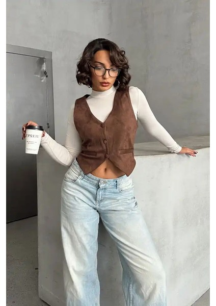 Kadın Süet Özel Tasarım Düğmeli V Yaka Yelek fiyatları