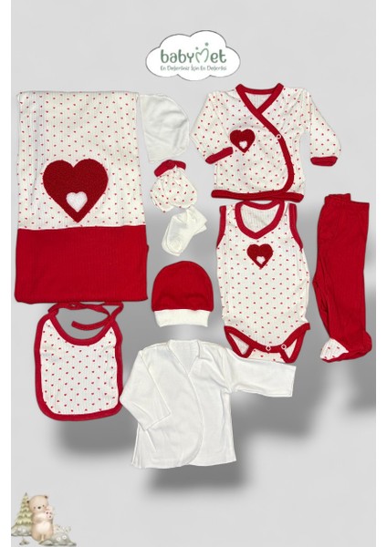 %100 Pamuk 10 Parça Yenidoğan Hastane Çıkış Seti – Kalp Desenli Doğal