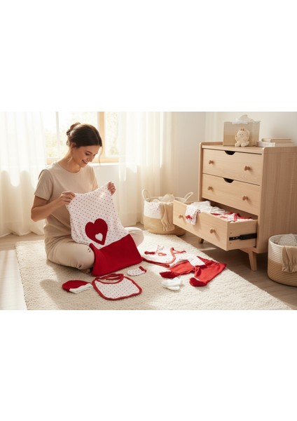 %100 Pamuk 10 Parça Yenidoğan Hastane Çıkış Seti – Kalp Desenli Doğal