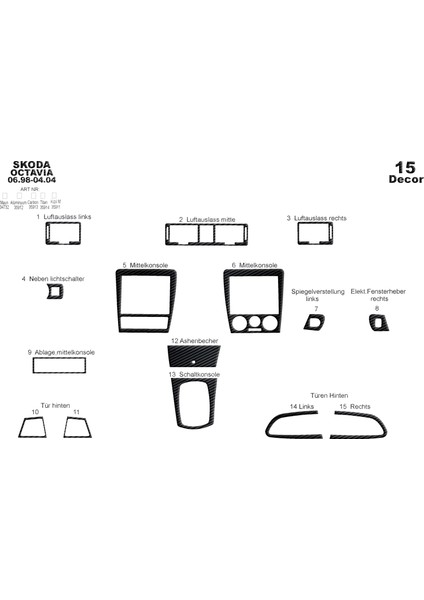 Skoda Octavia Alüminyum Kaplama 1998-2004 15 Parça Siyah Karbon
