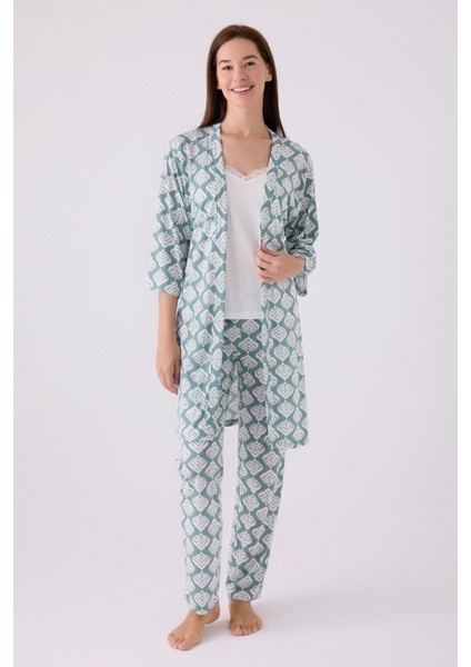 Kadın Sabahlıklı Uzun Kol Ip Askılı V Yaka 3'lü Pijama Takım