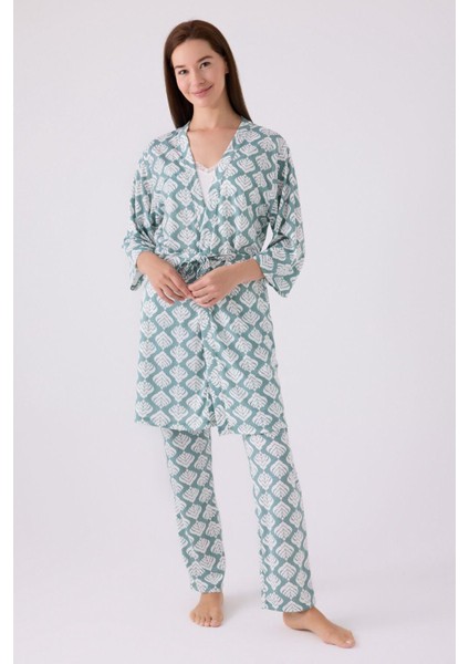 Kadın Sabahlıklı Uzun Kol Ip Askılı V Yaka 3'lü Pijama Takım fırsatları