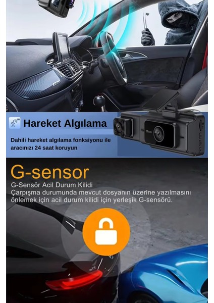 S15 4K 1080P Monitörlü Gece Görüşlü 3 Kanal Araç Iç Dış Kamera