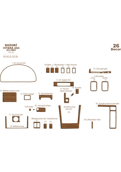 Suzuki Grand Vitara 4x4 Konsol-Torpido Kaplama 2005 26 Parça Açık Meşe