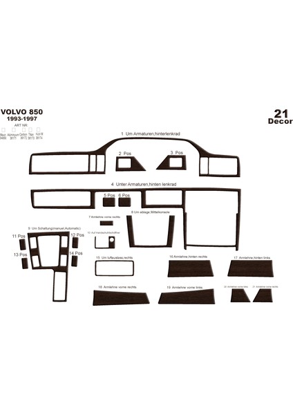 Volvo 850 Konsol- Kaplama 1993-1997 21 Parça Koyu Meşe