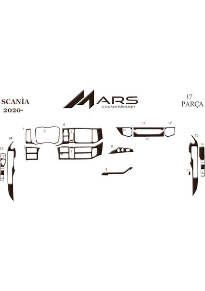 Scania R Konsol-Torpido Kaplama 2020- 17 Parça Koyu Meşe