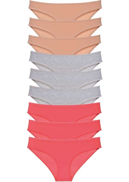 9 Adet Süper Eko Set Likralı Kadın Slip Külot Ten Gri Fuşya