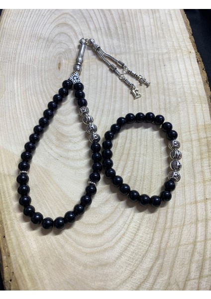 Kişiye Özel Isimli ve Püskül Ucu Harfli Doğal Oniks Taşı Tesbih ve Isimli Bileklik Seti- Hediyelik