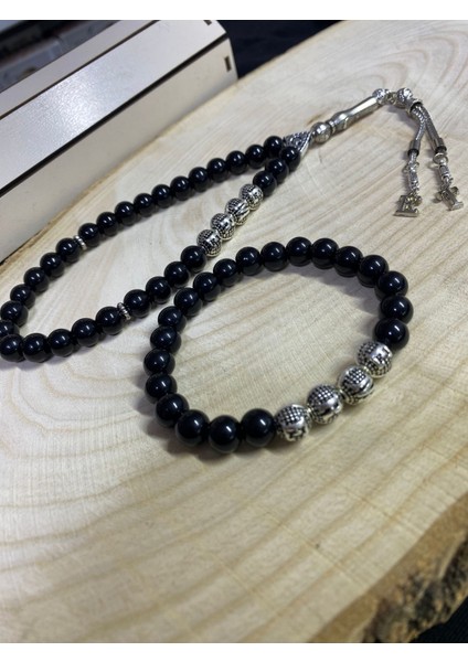 Kişiye Özel Isimli ve Püskül Ucu Harfli Doğal Oniks Taşı Tesbih ve Isimli Bileklik Seti- Hediyelik modelleri