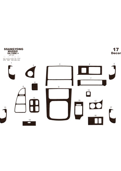 Ssangyong Musso Konsol-Torpido Kaplama 1996-1999 17 Parça Koyu Meşe