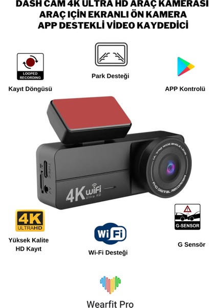 Dash Cam 4K Ultra Hd Araç Kamerası Kaza Güvenlik Kamerası Wifi & App Destekli Video Kaydedici Uyumlu