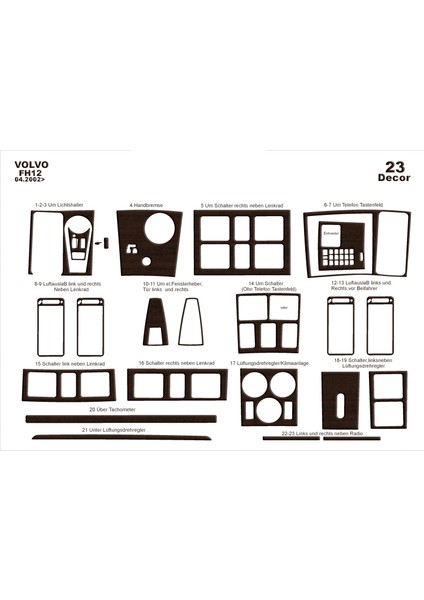 Volvo Fh 12 Uyumlu Konsol-Torpido Kaplama 2002-2012 23 Parça Koyu Meşe