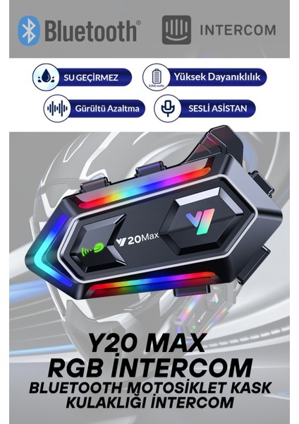 Y20 Max Rgb Işık Efektli Intercom Bluetooth Motosiklet Kask Kulaklığı Intercom Kulaklık