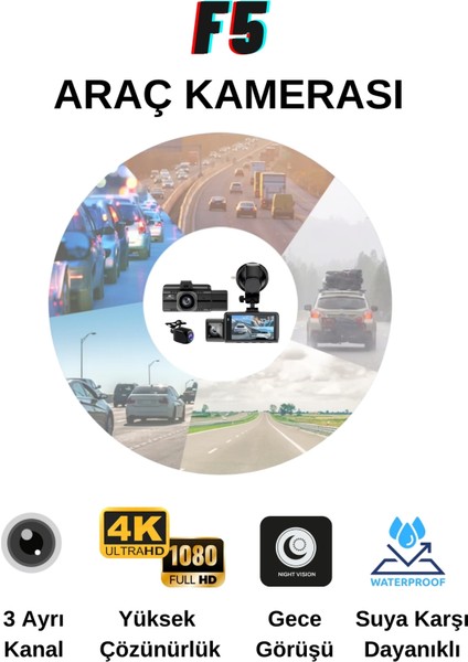 F6 4K 1080P Monitörlü Gece Görüşlü 3 Kanal Araç Iç Dış Kamera modelleri