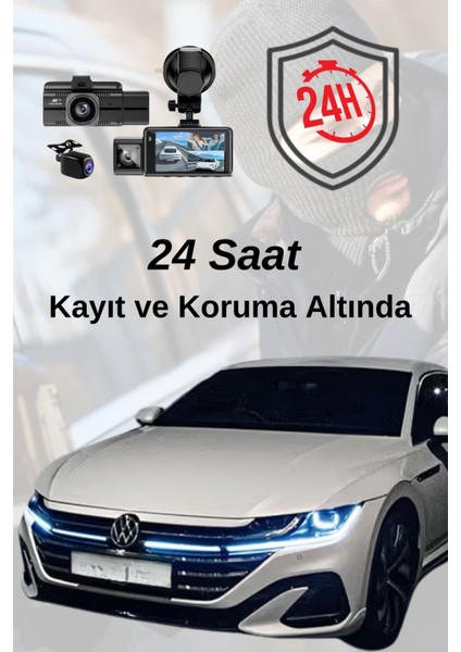 F6 4K 1080P Monitörlü Gece Görüşlü 3 Kanal Araç Iç Dış Kamera