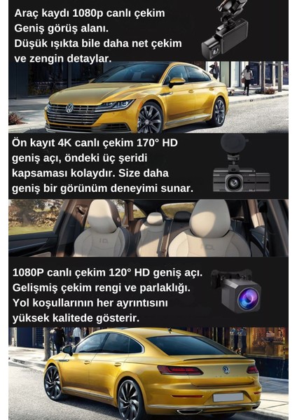 F6 4K 1080P Monitörlü Gece Görüşlü 3 Kanal Araç Iç Dış Kamera