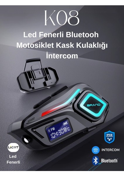 K08 LED Fenerli Intercom Bluetooth Motosiklet Kask Kulaklığı Intercom Kulaklık