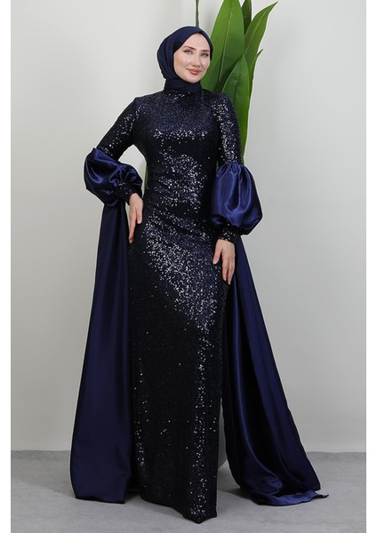 Kolu Pelerin Payet Abiye Lacivert