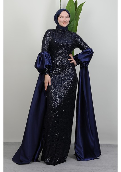 Kolu Pelerin Payet Abiye Lacivert modelleri