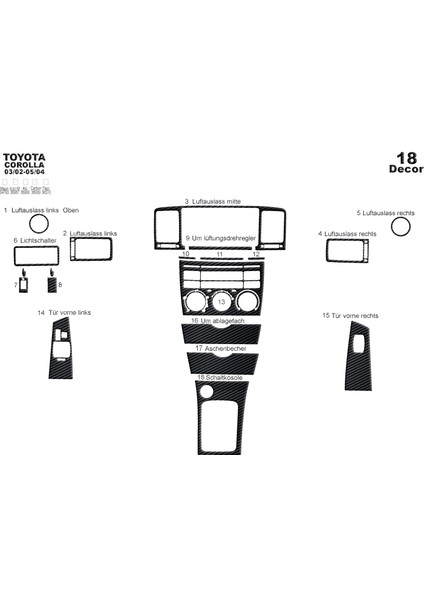 Toyota Corolla Karbon Kaplama 2002-2004 18 Parça Siyah Karbon