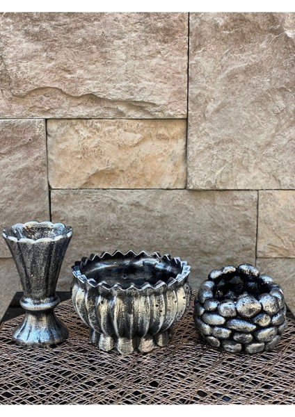 Dekoratif Polyester Üçlü Vazo Set Gümüş Siyah Eskitme