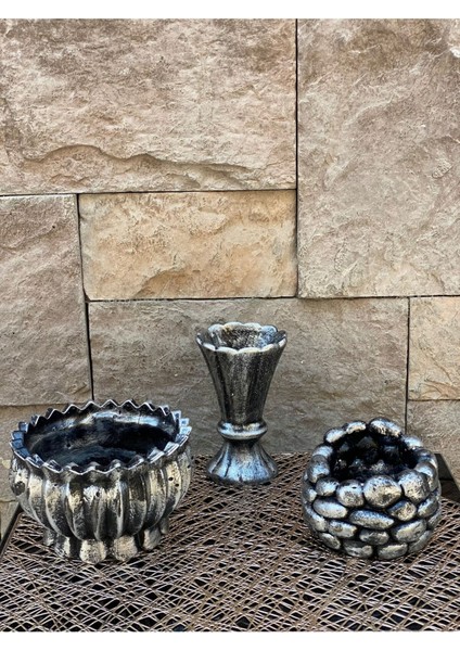 Dekoratif Polyester Üçlü Vazo Set Gümüş Siyah Eskitme modelleri