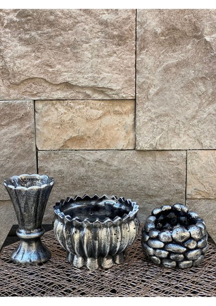 Dekoratif Polyester Üçlü Vazo Set Gümüş Siyah Eskitme fırsatları