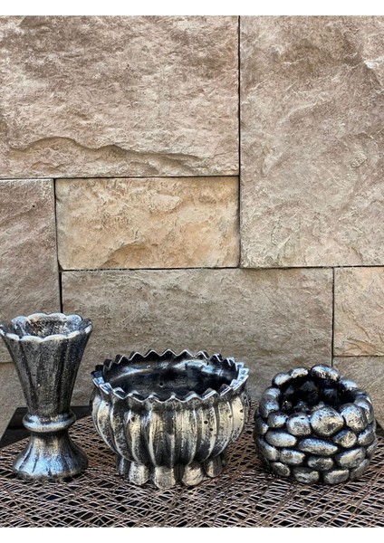 Dekoratif Polyester Üçlü Vazo Set Gümüş Siyah Eskitme indirimleri