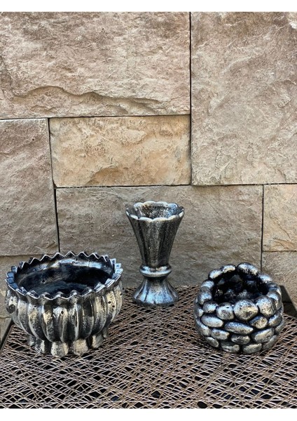 Dekoratif Polyester Üçlü Vazo Set Gümüş Siyah Eskitme