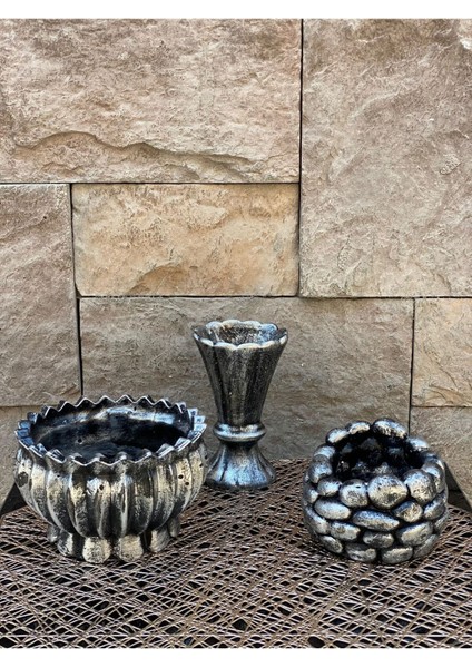 Dekoratif Polyester Üçlü Vazo Set Gümüş Siyah Eskitme