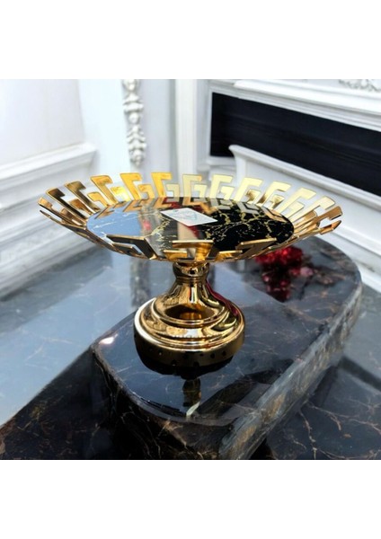 Dekoratif Krom Cam Mermer Desenli Yuvarlak Meyve Sunum Tepsisi Gold 1