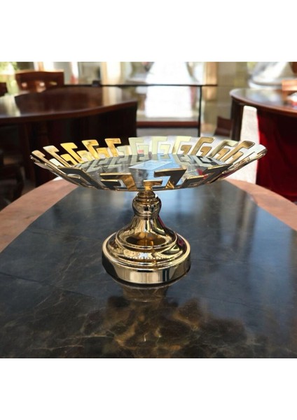 Dekoratif Krom Cam Mermer Desenli Yuvarlak Meyve Sunum Tepsisi Gold 1