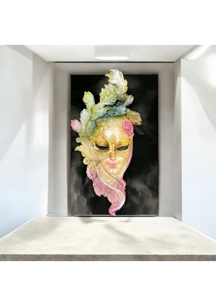 Dekoratif Polyester Duvara Asmalı Tavus Kuşu Kadın Yüz Maske Tablo Yeşil Pembe