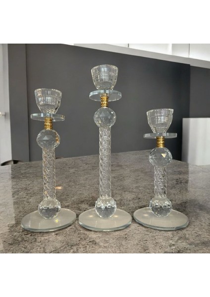 Dekoratif Kristal Cam Üçlü Ince Uzun Metal Şamdan Gold
