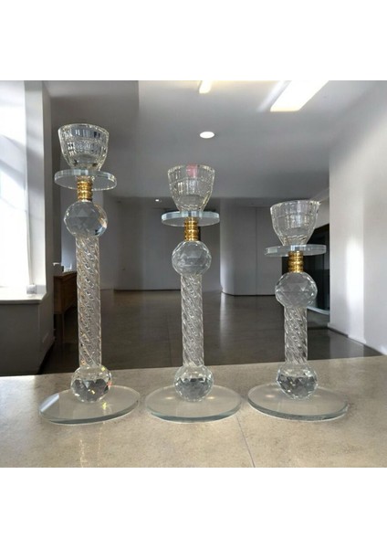 Dekoratif Kristal Cam Üçlü Ince Uzun Metal Şamdan Gold