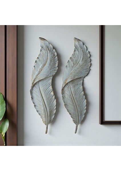 Dekoratif Polyester Ikili Duvara Asmalı Dik Yaprak Set Krem Eskitme