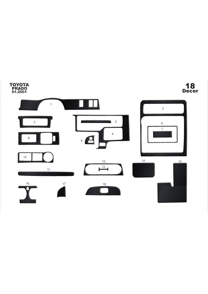 Toyota Prado Konsol-Torpido Kaplama 2001-2002 18 Parça Siyah Karbon