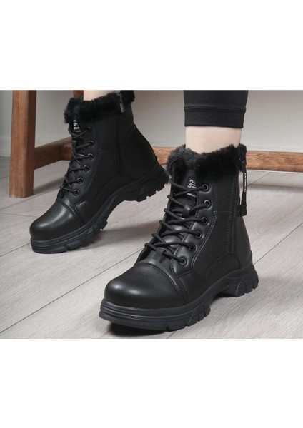 Çocuk Günlük Içi Kürklü Bağcıklı Fermuarlı Rahat Bot - Siyah - 35