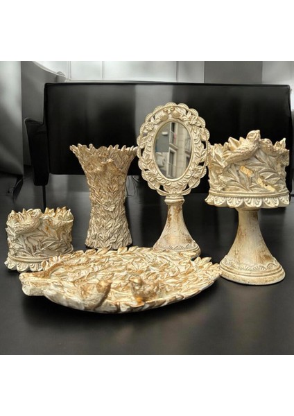 Dekoratif Polyester Kuşlu Sunum Tabağı Krem Eskitme 29X3X21 cm