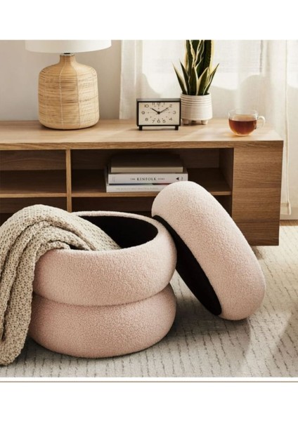 Bukle Puf Sandıklı ,peluş Teddy Kumaş, Makyaj Pufu , Saklama Alanlı