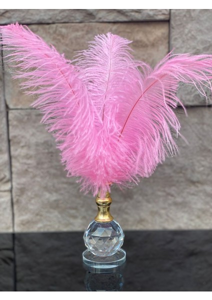 Dekoratif Top Kristal Cam Tekli Deve Kuşu Tüyü Pembe Gold