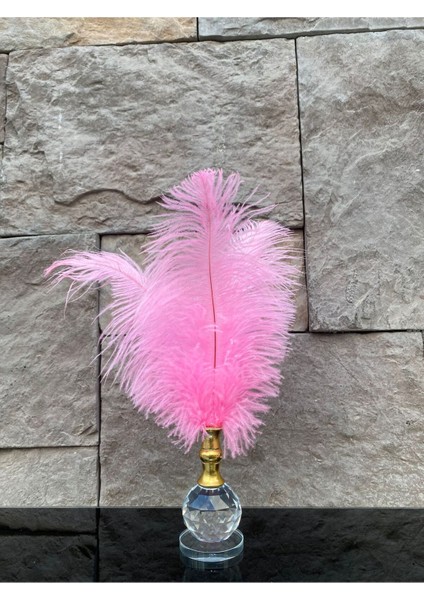 Dekoratif Top Kristal Cam Tekli Deve Kuşu Tüyü Pembe Gold