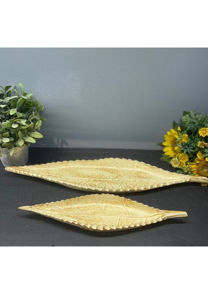 Dekoratif Polyester Ikili Uzun Yaprak Sunumluk Krem Gold Eskitme fiyatları