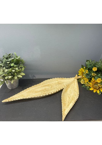 Dekoratif Polyester Ikili Uzun Yaprak Sunumluk Krem Gold Eskitme modelleri