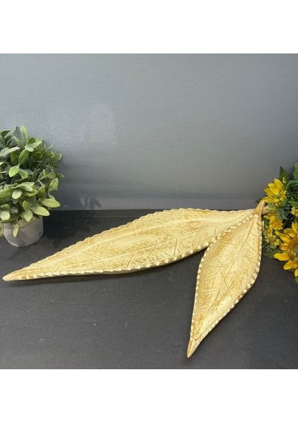 Dekoratif Polyester Ikili Uzun Yaprak Sunumluk Krem Gold Eskitme fırsatları