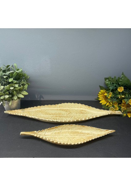 Dekoratif Polyester Ikili Uzun Yaprak Sunumluk Krem Gold Eskitme indirimleri